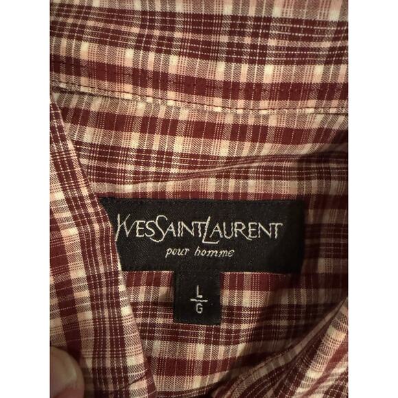 Yves St Laurent Mens Large Hidden Button Dress Shirt-Red Plaid Spread Collar - Picture 6 of 6